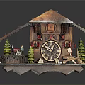 Miniature Wooden Cabin Model With Brown Tiled Roof Wooden Clock Green Trees And Figurines