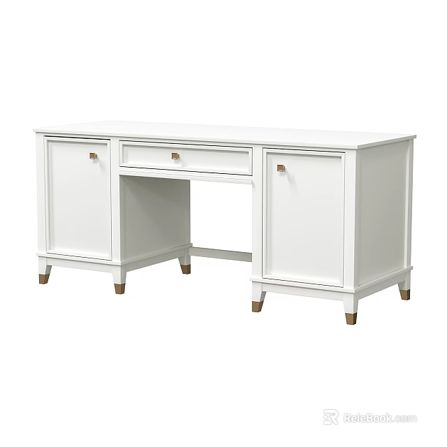 White Home Office Desk With Storage Cabinets Central Drawer And Wooden Legs 3d model 
