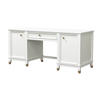 White Home Office Desk With Storage Cabinets Central Drawer And Wooden Legs 3d model