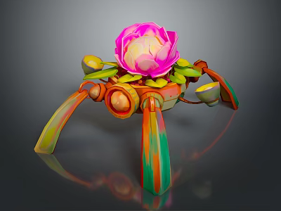 Mechanical Creature Design With Pink Flower And Colorful Legs Structure 3d model