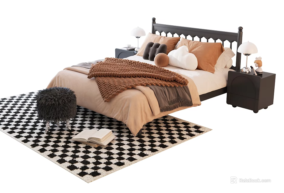 Double Bed with Black Headboard Pillows Blanket Nightstands Lamps on Checkered Rug and Open Book 3d model 