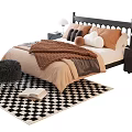 Double Bed with Black Headboard Pillows Blanket Nightstands Lamps on Checkered Rug and Open Book