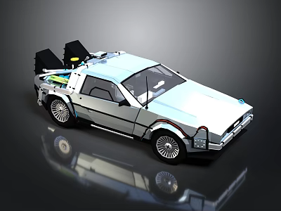 Retro Sci Fi Car Model With Silver Body Gull Wing Doors And Roof Equipment 3d model