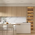 Modern Open Dining and Living Room With Wooden White Cabinetry Refrigerator and Sofa
