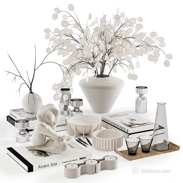 Modern Minimalist Decorative Ornament Set With Ceramic Vase Glass Sculpture Books Tray And Cups 3d model 