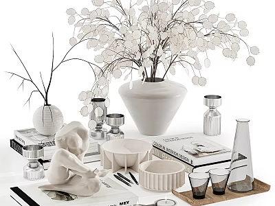Modern Minimalist Decorative Ornament Set With Ceramic Vase Glass Sculpture Books Tray And Cups 3d model