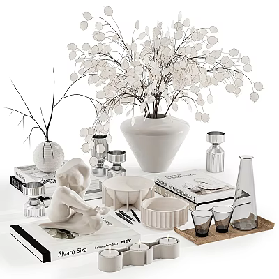 Modern Minimalist Decorative Ornament Set With Ceramic Vase Glass Sculpture Books Tray And Cups 3d model