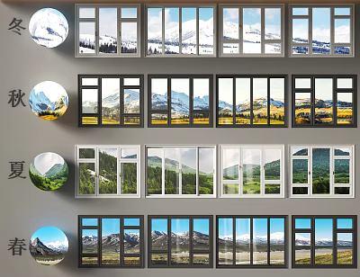 Elegant Casement Windows Displaying Charming Four Seasons Scenery Views Outside 3d model