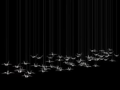 Elegant White Paper Cranes Hanging in Artistic Arrangement Against Black Background 3d model