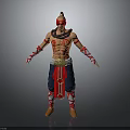 Man With Red Blindfold Tattoos On Upper Body Arm Wraps Blue Pants And Golden Belt