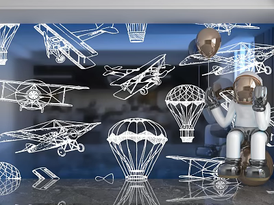 Creative Wall Design With Airplane Hot Air Balloon Art And Astronaut Figurine 3d model