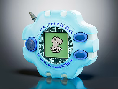Blue Vintage Handheld Entertainment Electronic Device With Dinosaur On Screen And Round Buttons 3d model