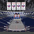 Modern Ice Hockey Arena With Blue Seats Scoreboard And Fitness Training Space