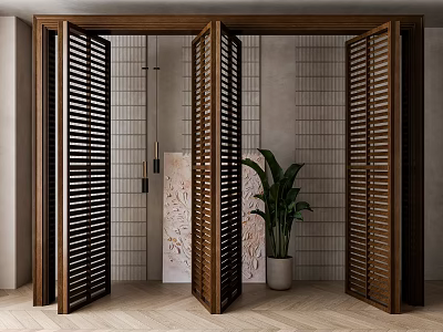 Wooden Folding Doors In Modern Interior With Tile Wall And Plant 3d model