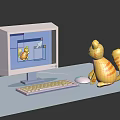 Computer Monitor Displaying Cat Image With Toy Cat Keyboard And Mouse On Desk