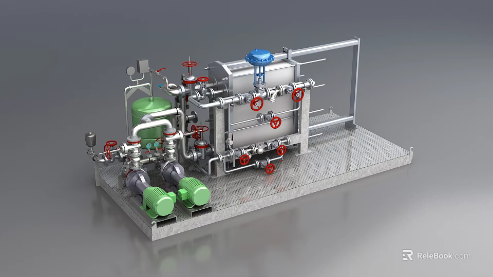 Industrial Plant Equipment System With Metal Pipes Red Valves And Green Pumps 3d model 
