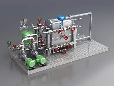 Industrial Plant Equipment System With Metal Pipes Red Valves And Green Pumps 3d model