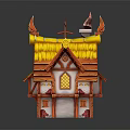 Whimsical Cartoon Cottage Featuring Yellow Straw Roof Orange Frame And White Walls With Arched Windows