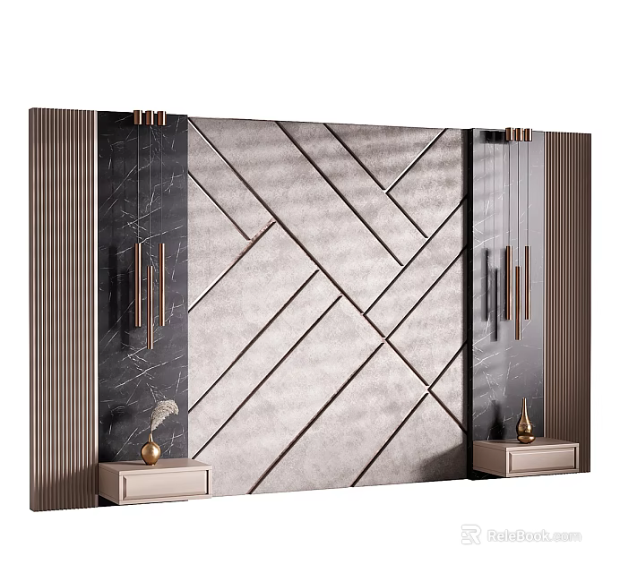 Modern Bedroom Accent Wall With Geometric Lines Upholstered Texture And Metallic Accents 3d model 