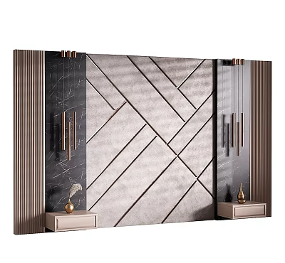 Modern Bedroom Accent Wall With Geometric Lines Upholstered Texture And Metallic Accents 3d model