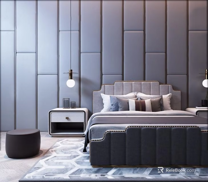 Elegant Double Bed with Upholstered Headboard Gray Paneled Walls Nightstands and Pendant Lights 3d model 