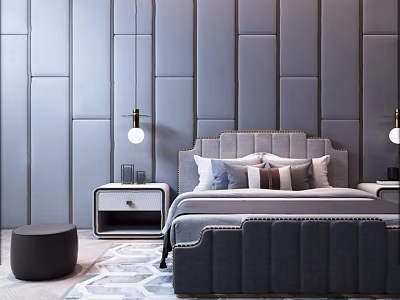 Elegant Double Bed with Upholstered Headboard Gray Paneled Walls Nightstands and Pendant Lights 3d model