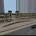 Commercial Street Evening Scene With Illuminated Shops Pedestrians Decorative Trees And Tall Buildings