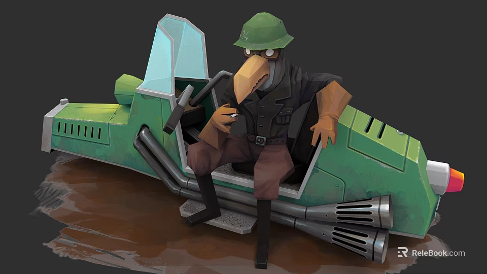 Bird Shaped Game Character In Green Helmet And Military Uniform Sitting In Green Mechanical Vehicle 3d model 