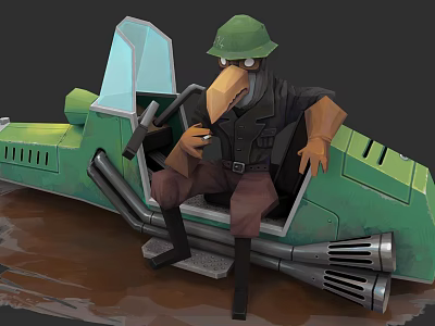 Bird Shaped Game Character In Green Helmet And Military Uniform Sitting In Green Mechanical Vehicle 3d model
