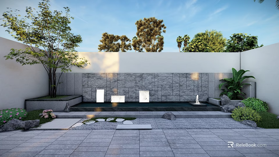 Karesansui Garden Design Featuring Rocks Gravel Stone Path And Mossy Plants 3d model 