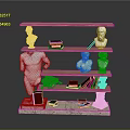Modern Bookcase With Wooden Shelves White Bust Sculptures Red Book Green Plant And Marble Base