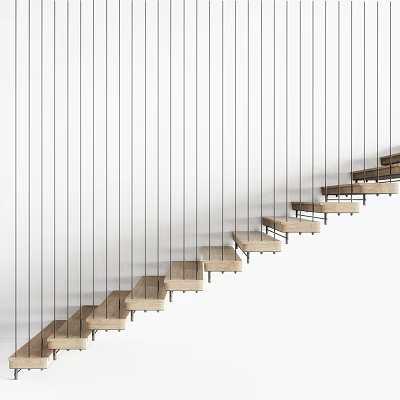 Modern Staircase Interior Design With Wooden Steps And Floating Metal Strings Against White Wall 3d model