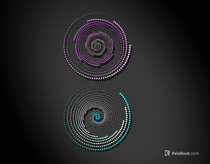 Abstract Spiral Lines Design With Purple And Turquoise Dotted Circular Patterns On Black Background 3d model 