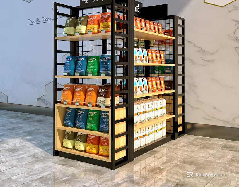 Retail Display Shelves with Colorful Packaged Food Beverages Multi tier Metal Frame Wooden Shelves 3d model 