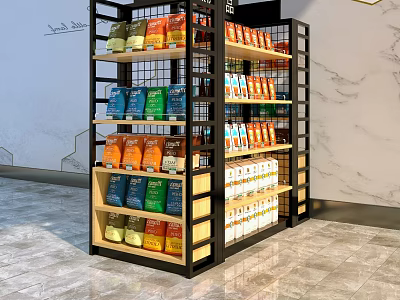 Retail Display Shelves with Colorful Packaged Food Beverages Multi tier Metal Frame Wooden Shelves 3d model