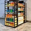 Retail Display Shelves with Colorful Packaged Food Beverages Multi tier Metal Frame Wooden Shelves