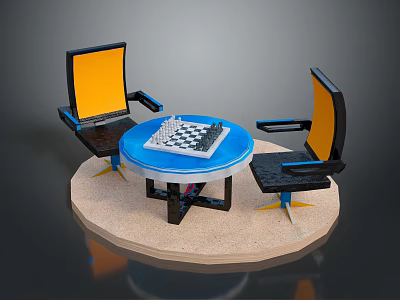 Modern Miniature Scene With Blue Round Table Two Chairs And Chessboard 3d model