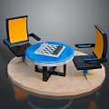 Modern Miniature Scene With Blue Round Table Two Chairs And Chessboard