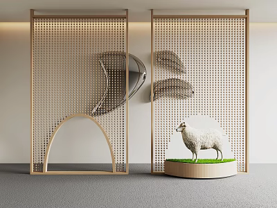 Elegant Perforated Wooden Room Divider Design With Arched Elements And Sheep Sculpture 3d model