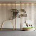 Elegant Perforated Wooden Room Divider Design With Arched Elements And Sheep Sculpture
