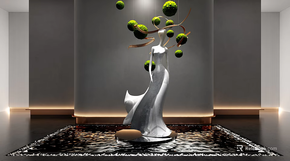 Elegant Humanoid Ornamental Decorative Sculpture Set With Green Spherical Ornaments And Flowing Design 3d model 