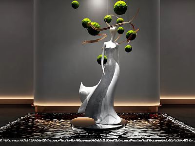 Elegant Humanoid Ornamental Decorative Sculpture Set With Green Spherical Ornaments And Flowing Design 3d model