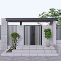 Single Family Villa Entrance With Gate Porch Green Plants And Stone Pavement