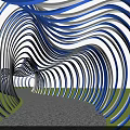 Blue And White Wavy Pergola Walkway With Curved Wave Design And Green Grass