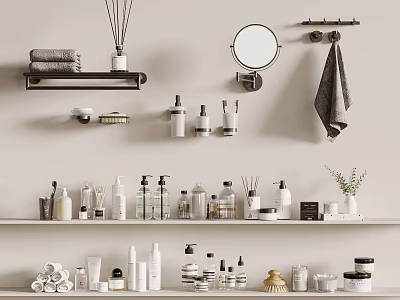 Neutral Bathroom Wall Shelves With Towels Mirror Toiletries And Accessories 3d model