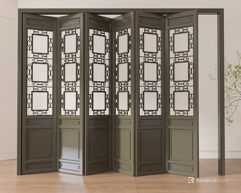 Multi Panel Folding Door With Geometric Pattern Glass And Dark Wood Frame 3d model