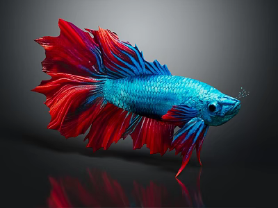 Colorful Blue and Red Betta Fish with Flowy Fins and Shiny Reflection 3d model