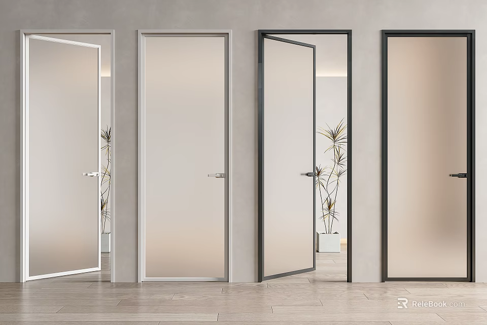 Modern Interior Hinged Doors With Frosted Glass And Black White Frames 3d model 