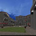 European Style Commercial Street Evening View with Arches Buildings Lawn Stone Pavement and Warm Lighting