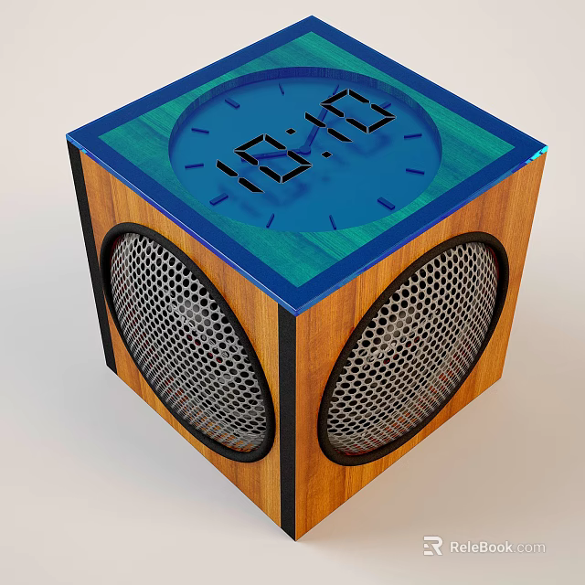 Cube Shaped Clock With Blue Dial Wooden Frame And Side Speakers 3d model 